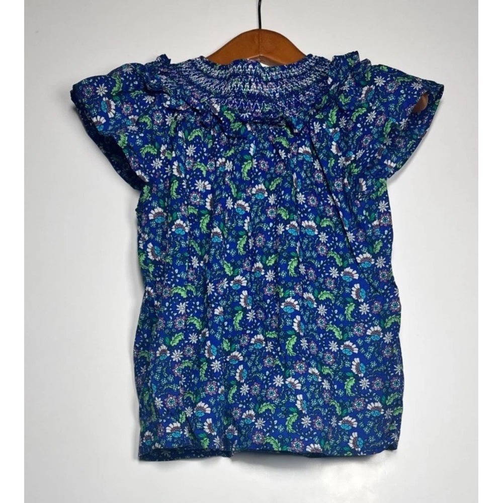 Loft Blouse Top Womens Petite Medium Blue Multi Floral Print Smocked Yoke Detail